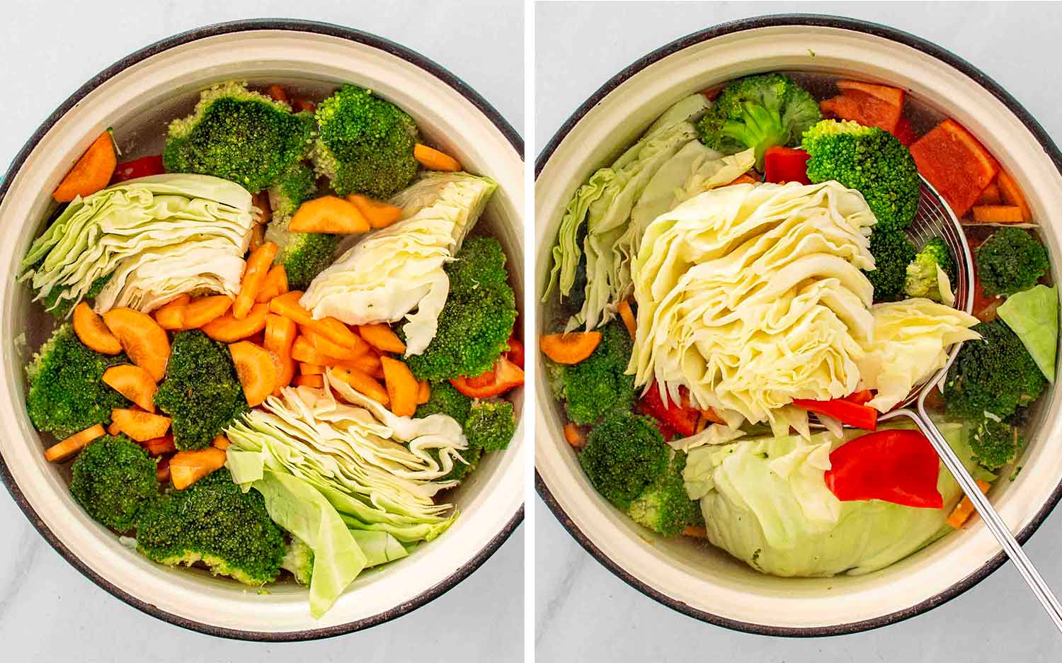 process shots showing how to make stir fried chicken and veggies in white sauce.