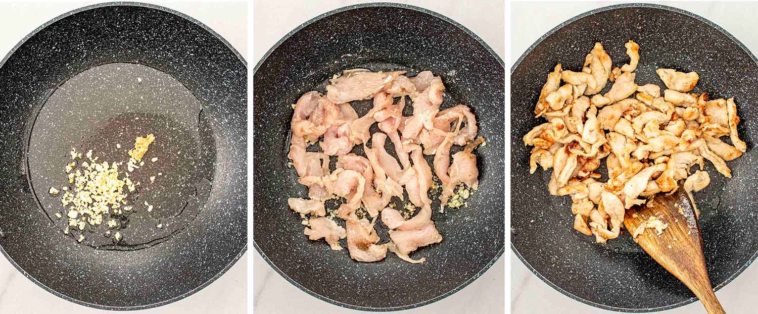process shots showing how to make stir fried chicken and veggies in white sauce.