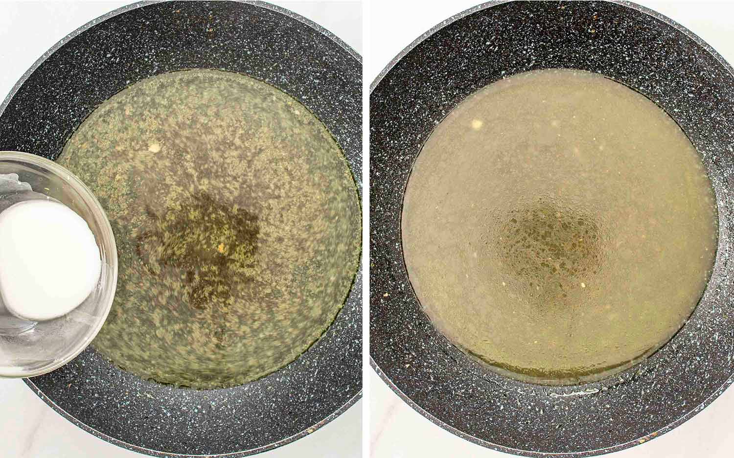 process shots showing how to make stir fried chicken and veggies in white sauce.