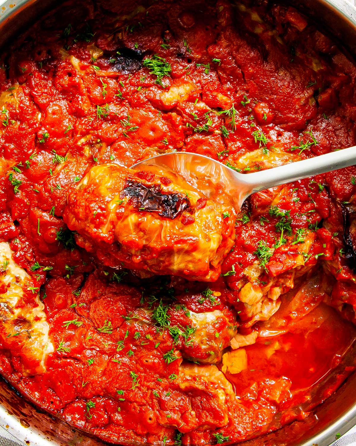 overhead shot of a pot full of stuffed cabbage rolls with a serving spoon holding one roll