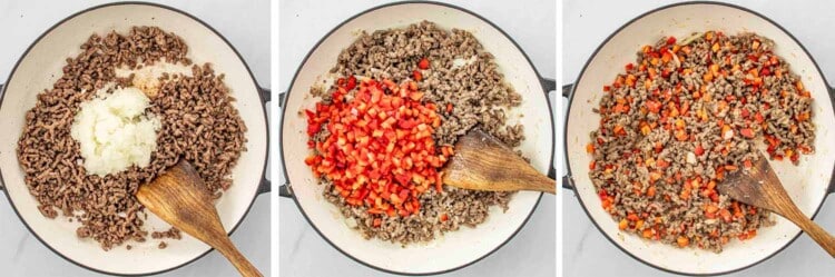 process shots showing how to make stuffed pepper casserole.