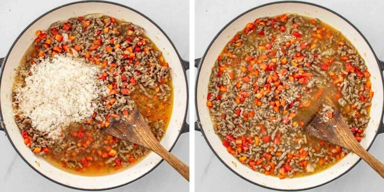 process shots showing how to make stuffed pepper casserole.