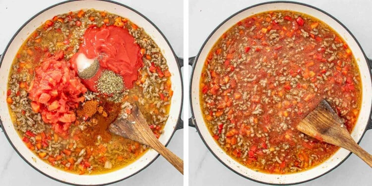 process shots showing how to make stuffed pepper casserole.