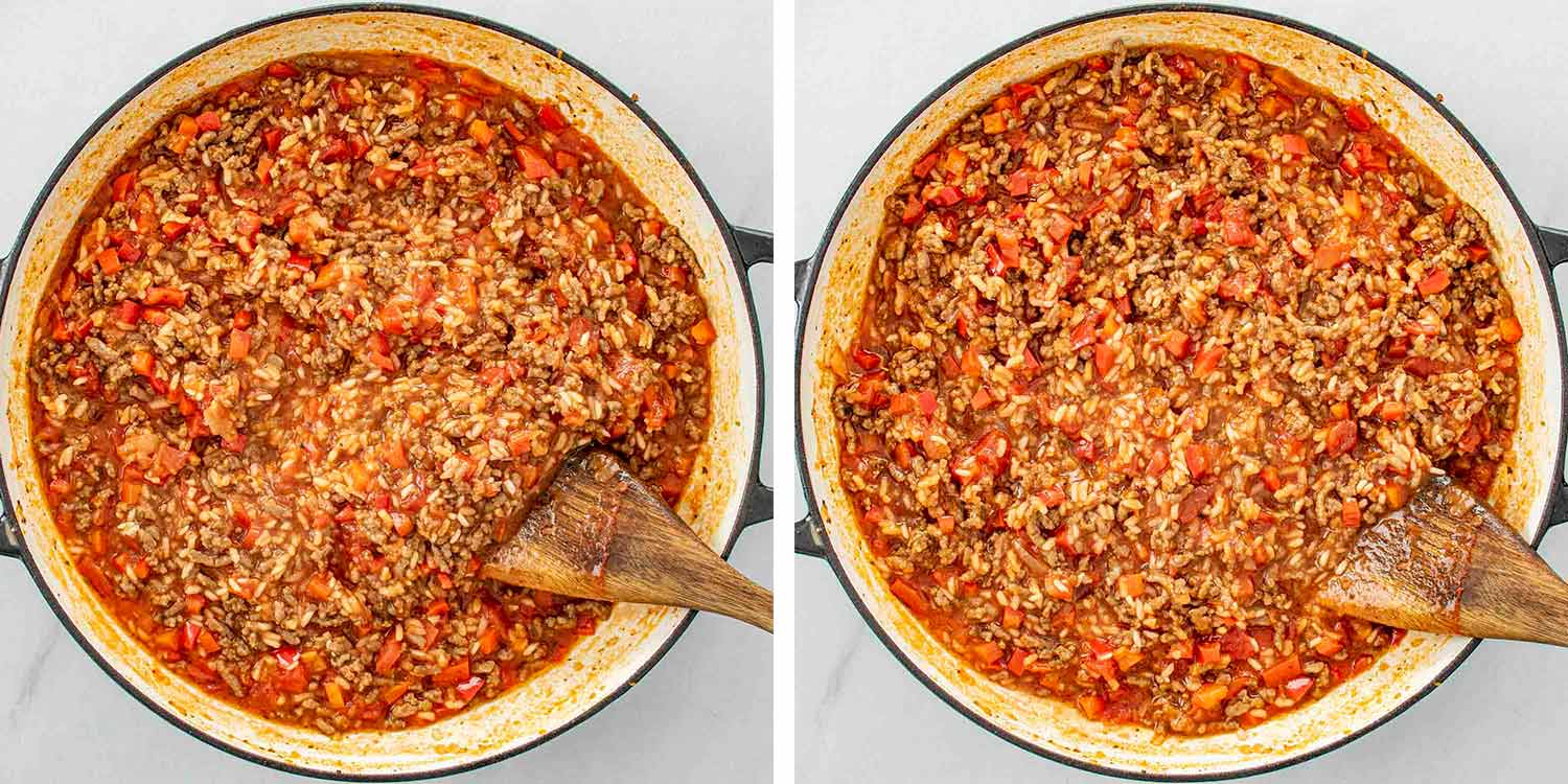 process shots showing how to make stuffed pepper casserole.