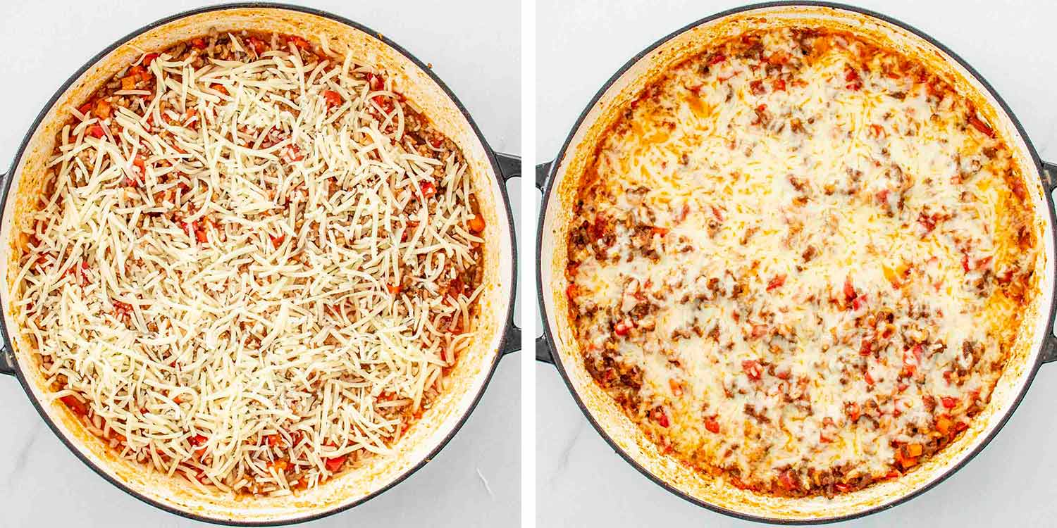 process shots showing how to make stuffed pepper casserole.