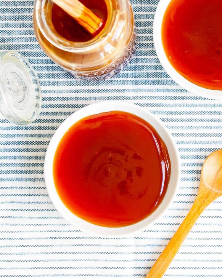 overhead shot of two dishes with sweet and sour sauce