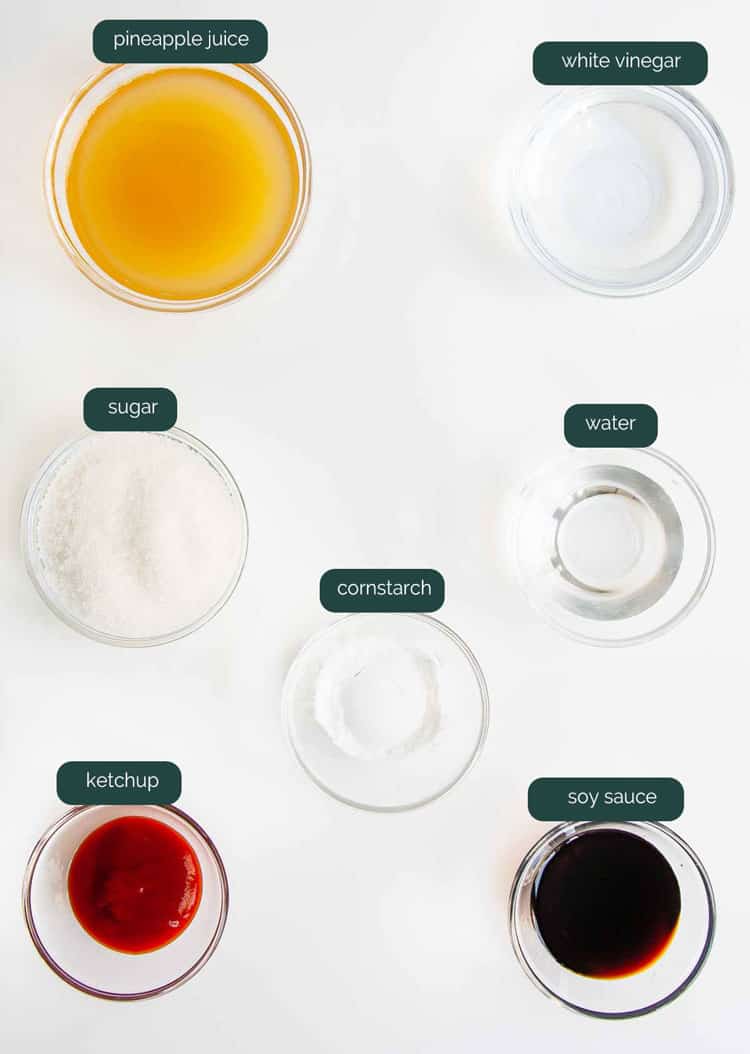 overhead shot of all ingredients needed to make sweet and sour sauce