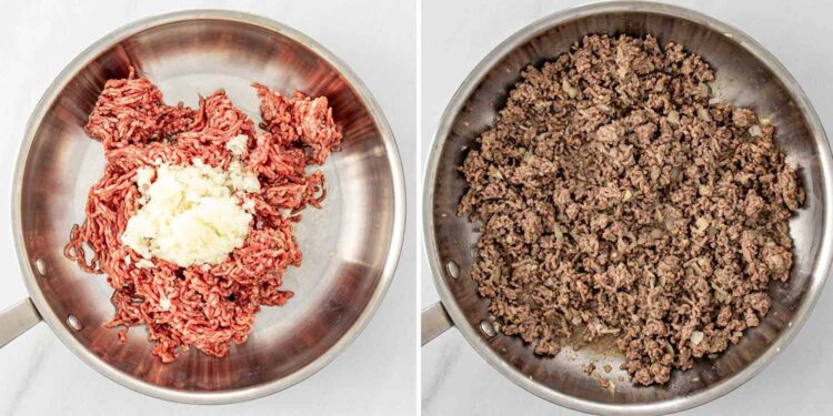 process shots showing how to make taco spaghetti.