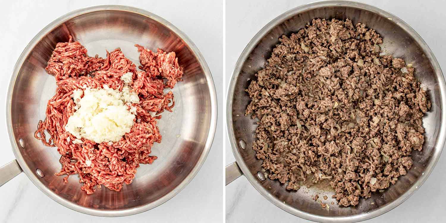 process shots showing how to make taco spaghetti.