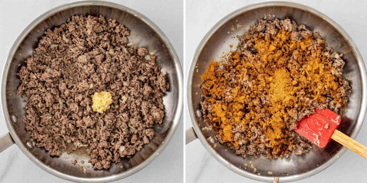 process shots showing how to make taco spaghetti.