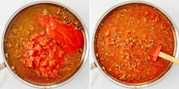 process shots showing how to make taco spaghetti.