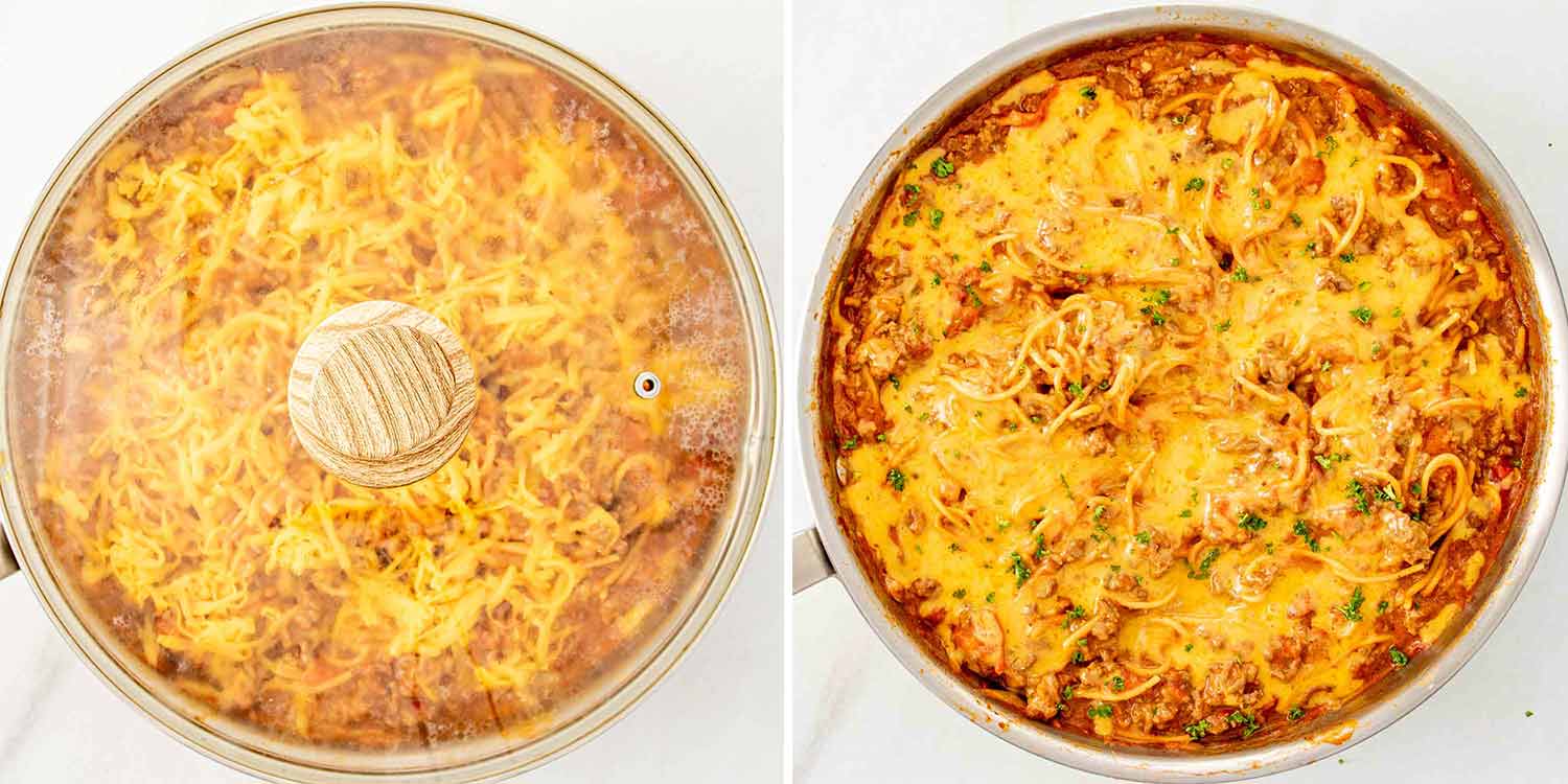 process shots showing how to make taco spaghetti.