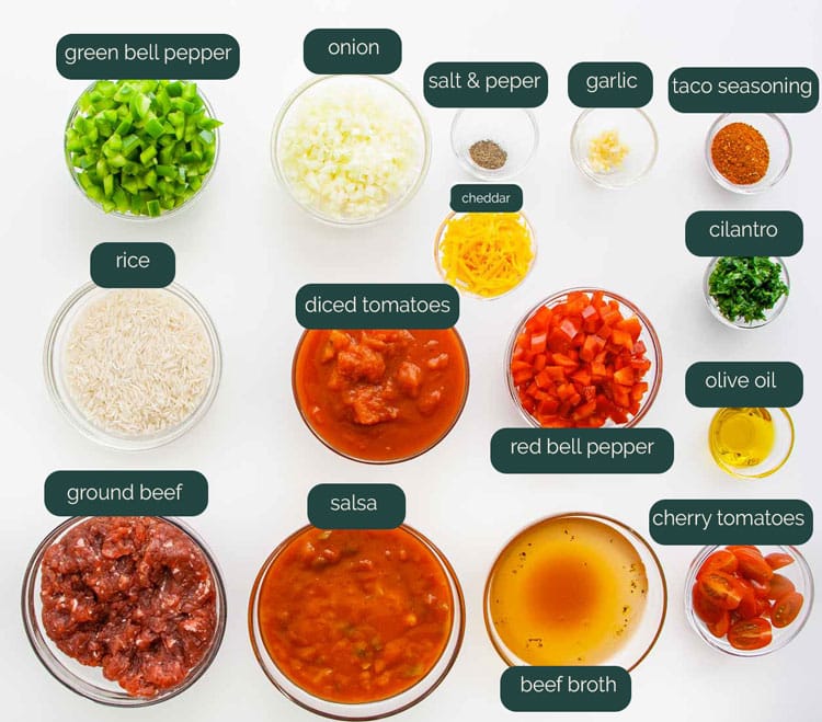 overhead shot of all the ingredients necessary to make a taco stuffed pepper casserole