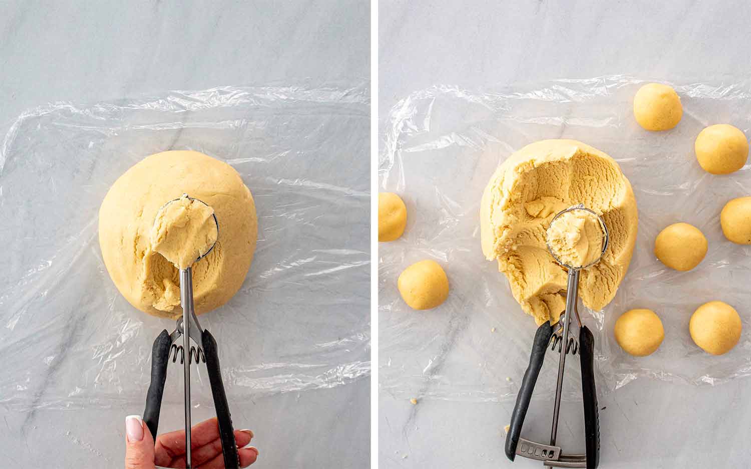 process shots showing how to make thumbprint cookies.