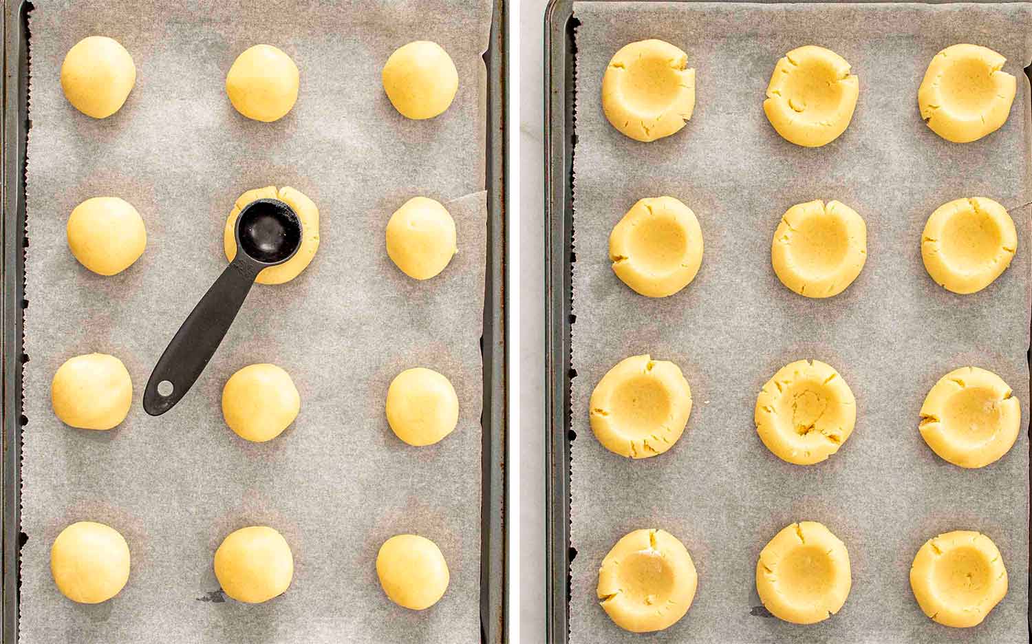 process shots showing how to make thumbprint cookies.