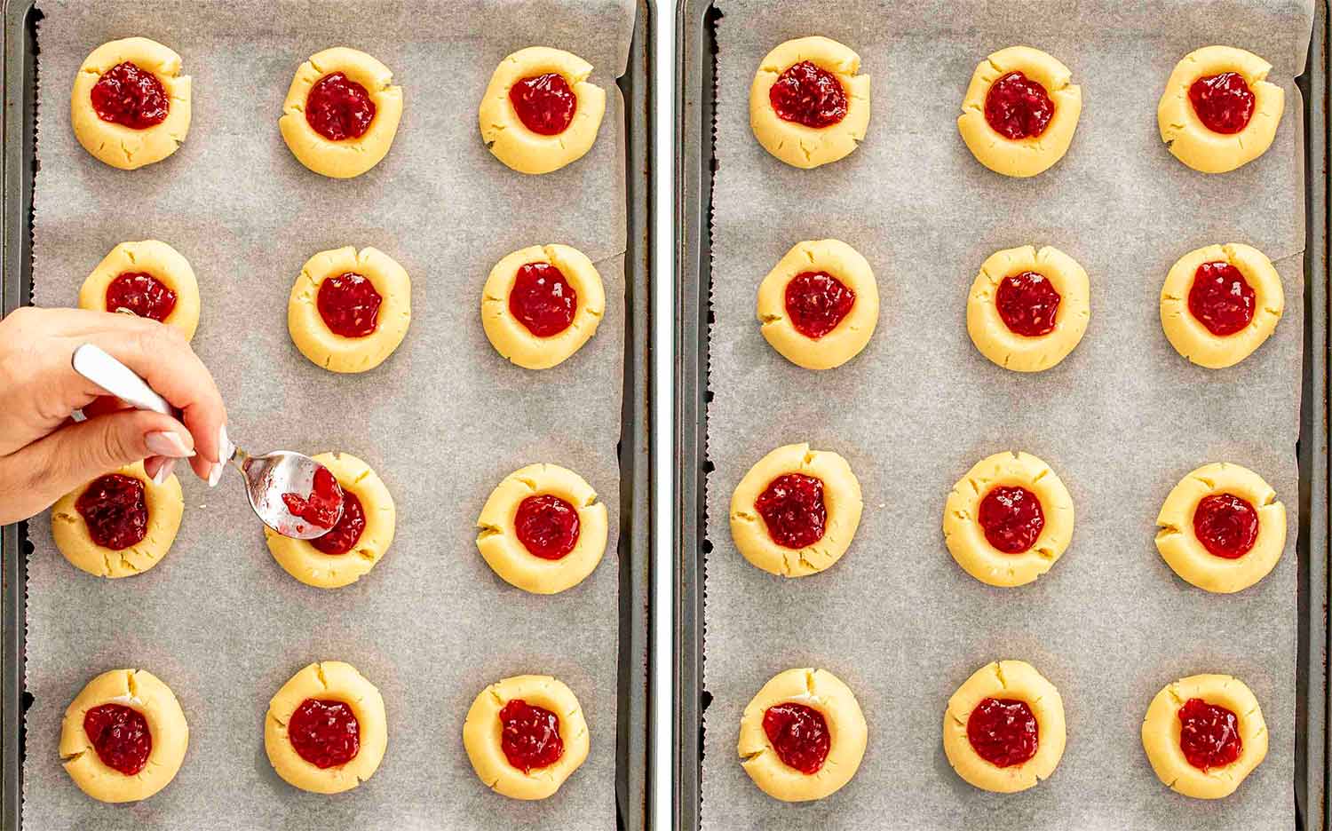 process shots showing how to make thumbprint cookies.