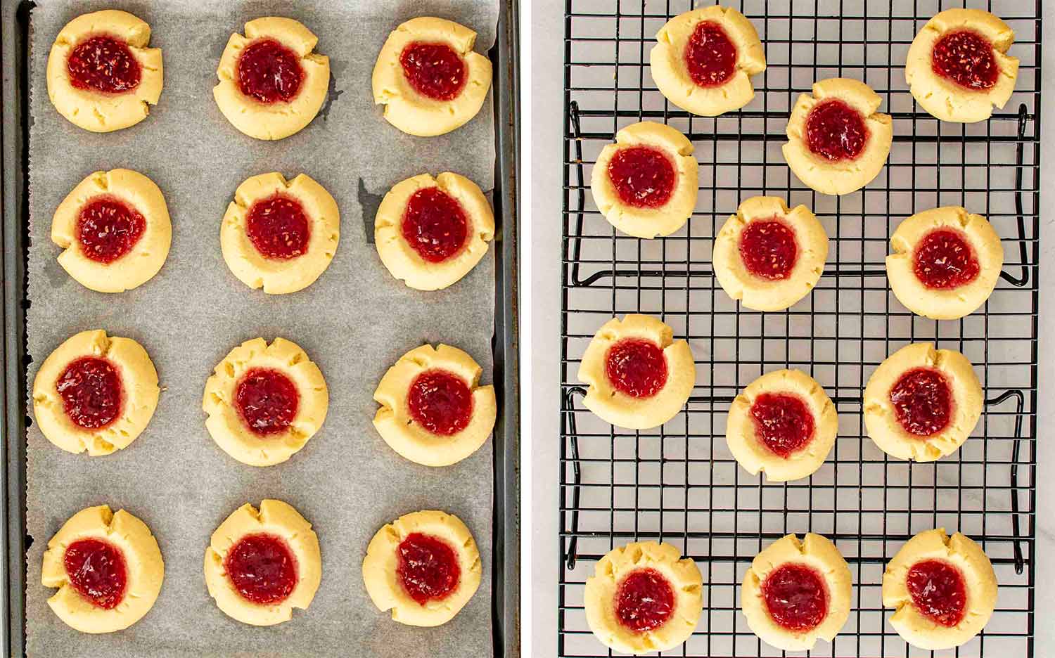 process shots showing how to make thumbprint cookies.