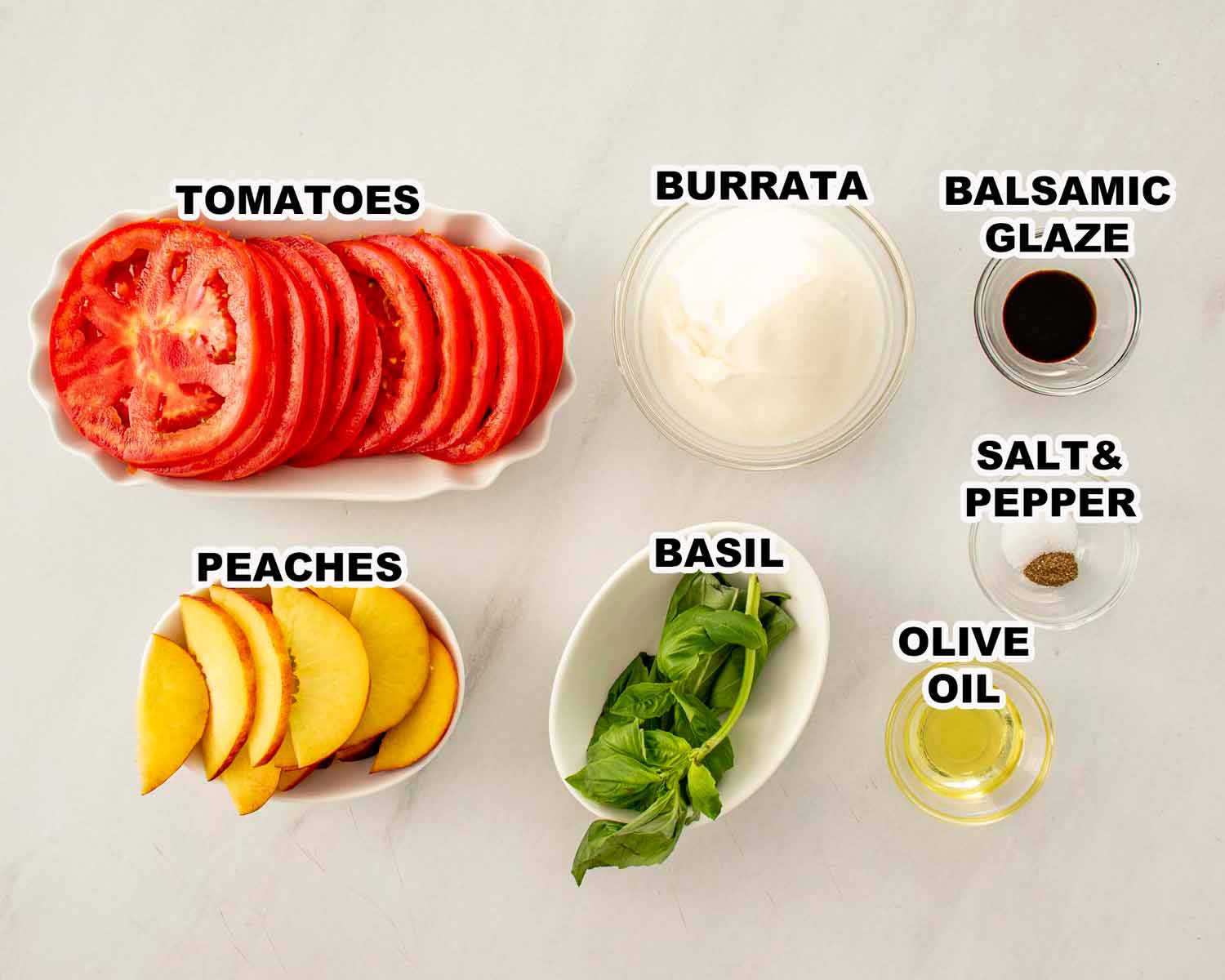 ingredients needed to make tomato peach burrata salad.