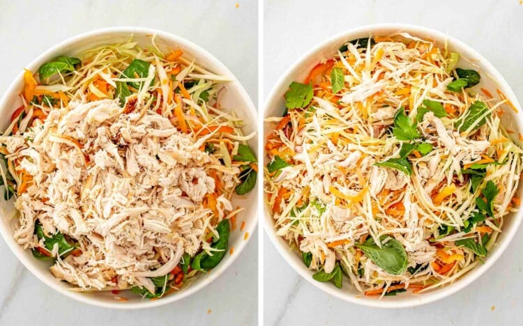 process shots showing how to make vietnamese chicken salad.