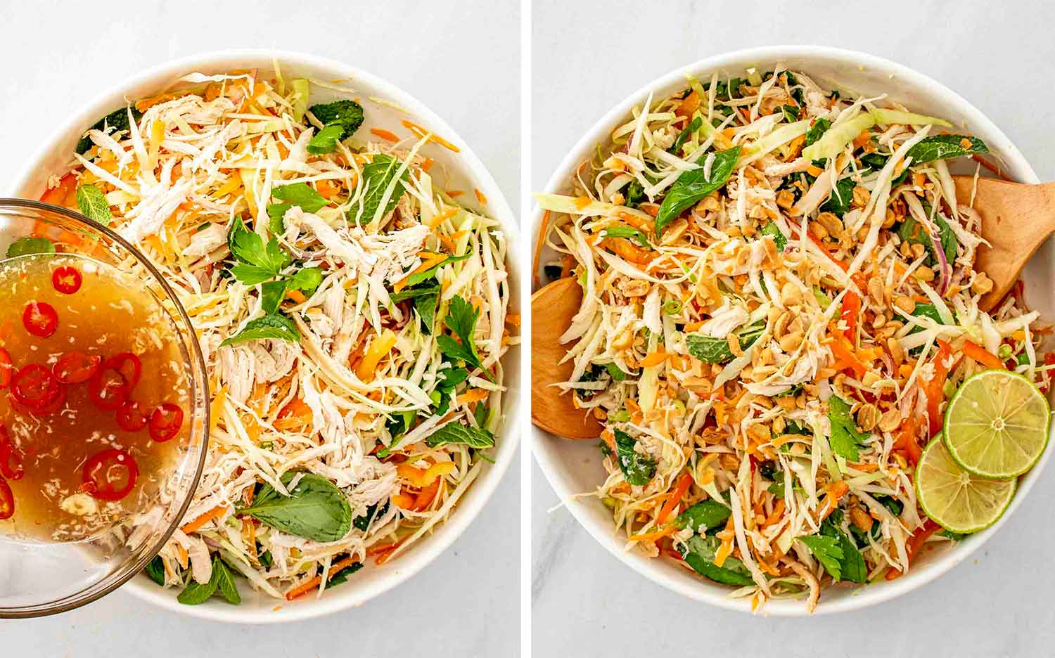 process shots showing how to make vietnamese chicken salad.