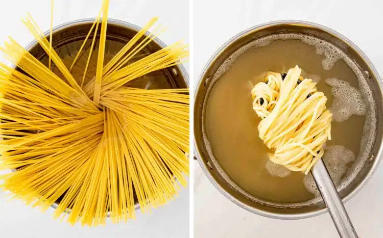 process shots showing how to make baked spaghetti.