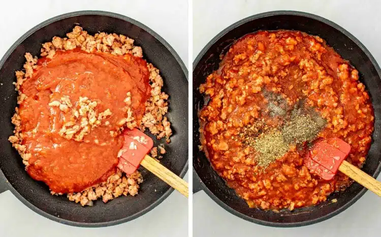 process shots showing how to make baked spaghetti.