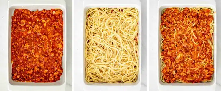 process shots showing how to make baked spaghetti.