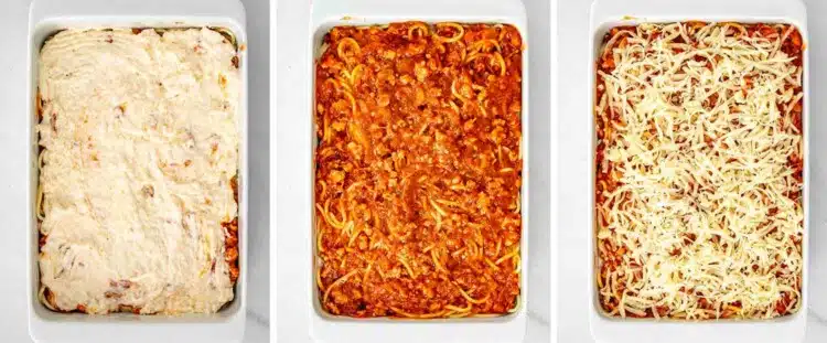 process shots showing how to make baked spaghetti.