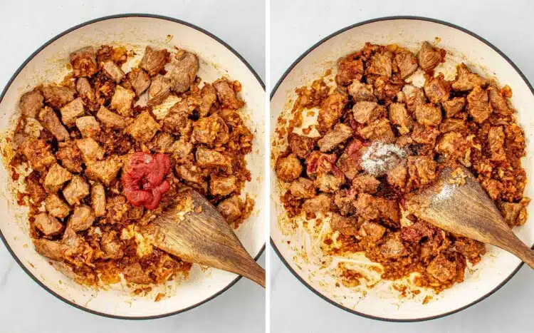 process shots showing how to make beef goulash.