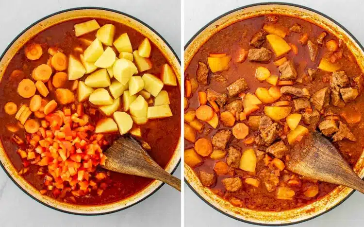 process shots showing how to make beef goulash.