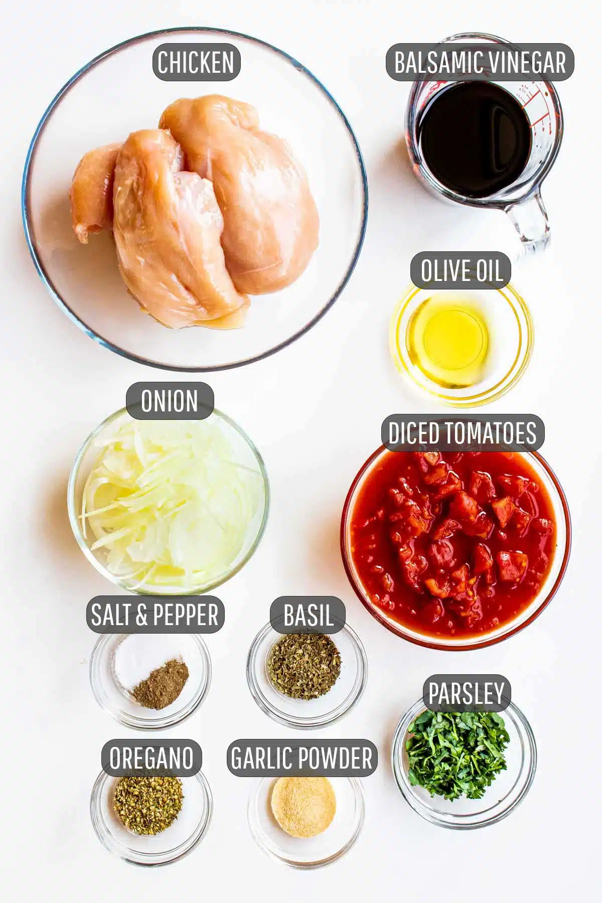 overhead shot of ingredients needed to make braised balsamic chicken.