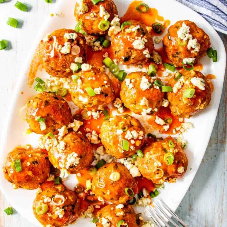 buffalo chicken meatballs on a serving platter.