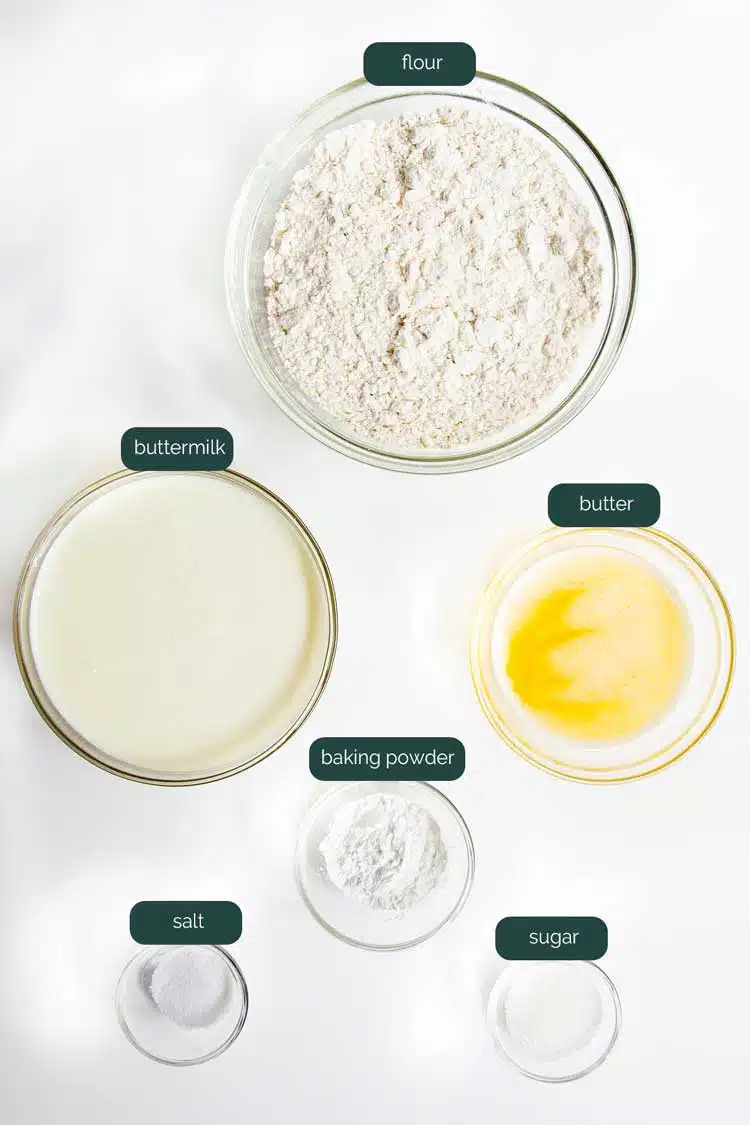 overhead shot of all the ingredients needed to make butter biscuits