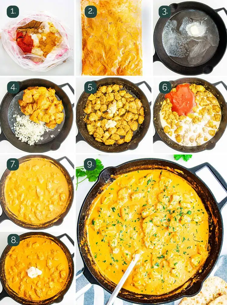 detailed process shots showing how to make butter chicken