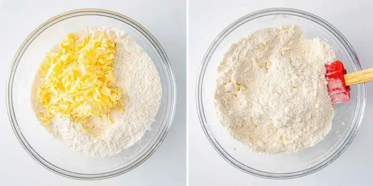 process shots showing how to make buttermilk parmesan biscuits.
