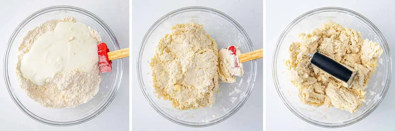 process shots showing how to make buttermilk parmesan biscuits.