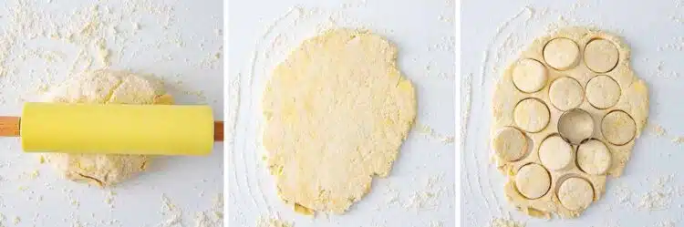 process shots showing how to make buttermilk parmesan biscuits.