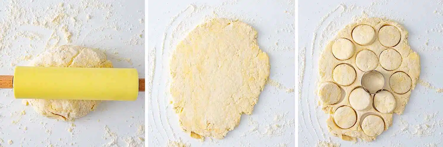 process shots showing how to make buttermilk parmesan biscuits.
