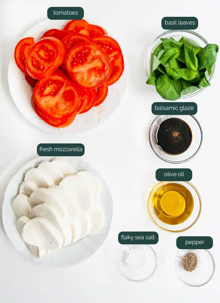 overhead shot of all ingredients needed to make caprese salad
