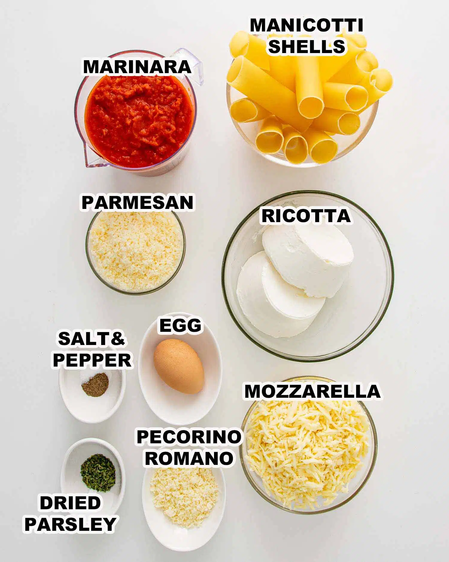 ingredients needed to make cheese stuffed manicotti.