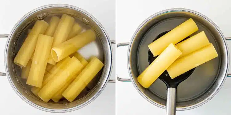 process shots showing how to make cheese stuffed manicotti.