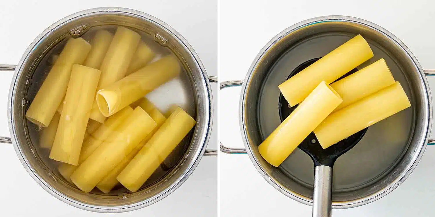 process shots showing how to make cheese stuffed manicotti.