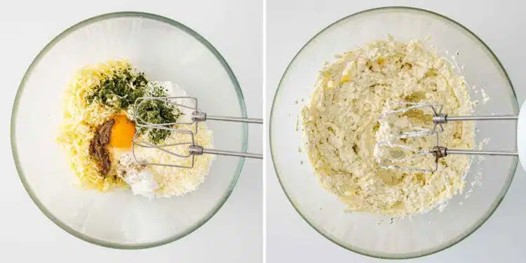 process shots showing how to make cheese stuffed manicotti.