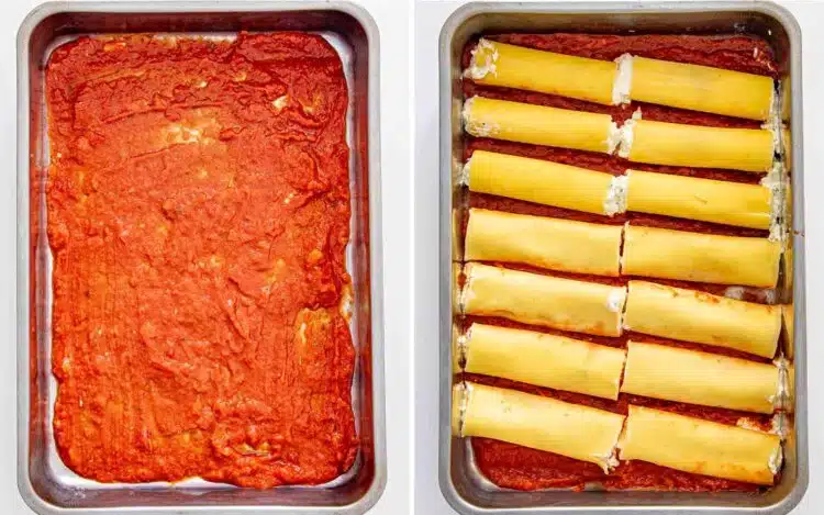process shots showing how to make cheese stuffed manicotti.