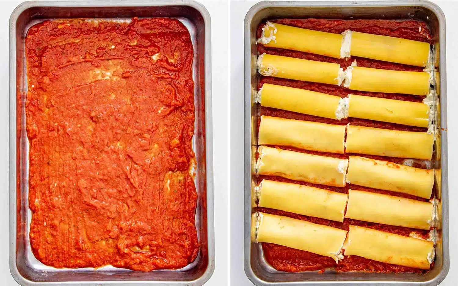 process shots showing how to make cheese stuffed manicotti.