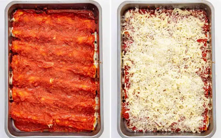 process shots showing how to make cheese stuffed manicotti.