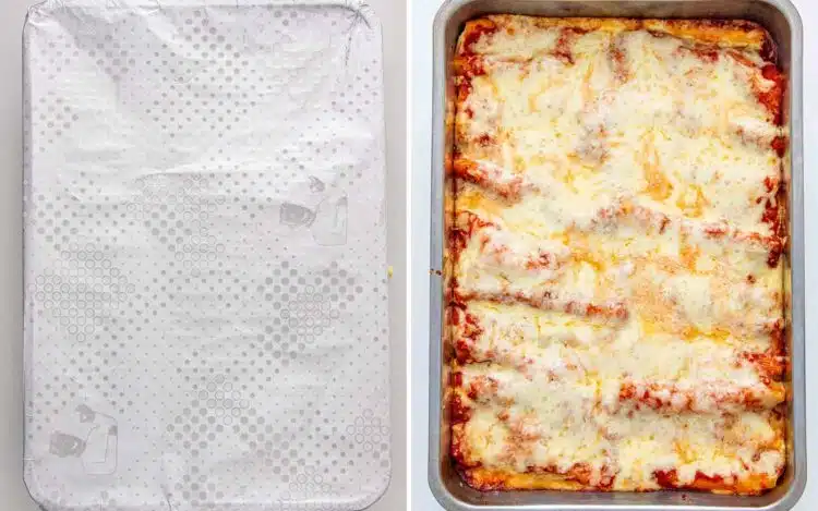 process shots showing how to make cheese stuffed manicotti.