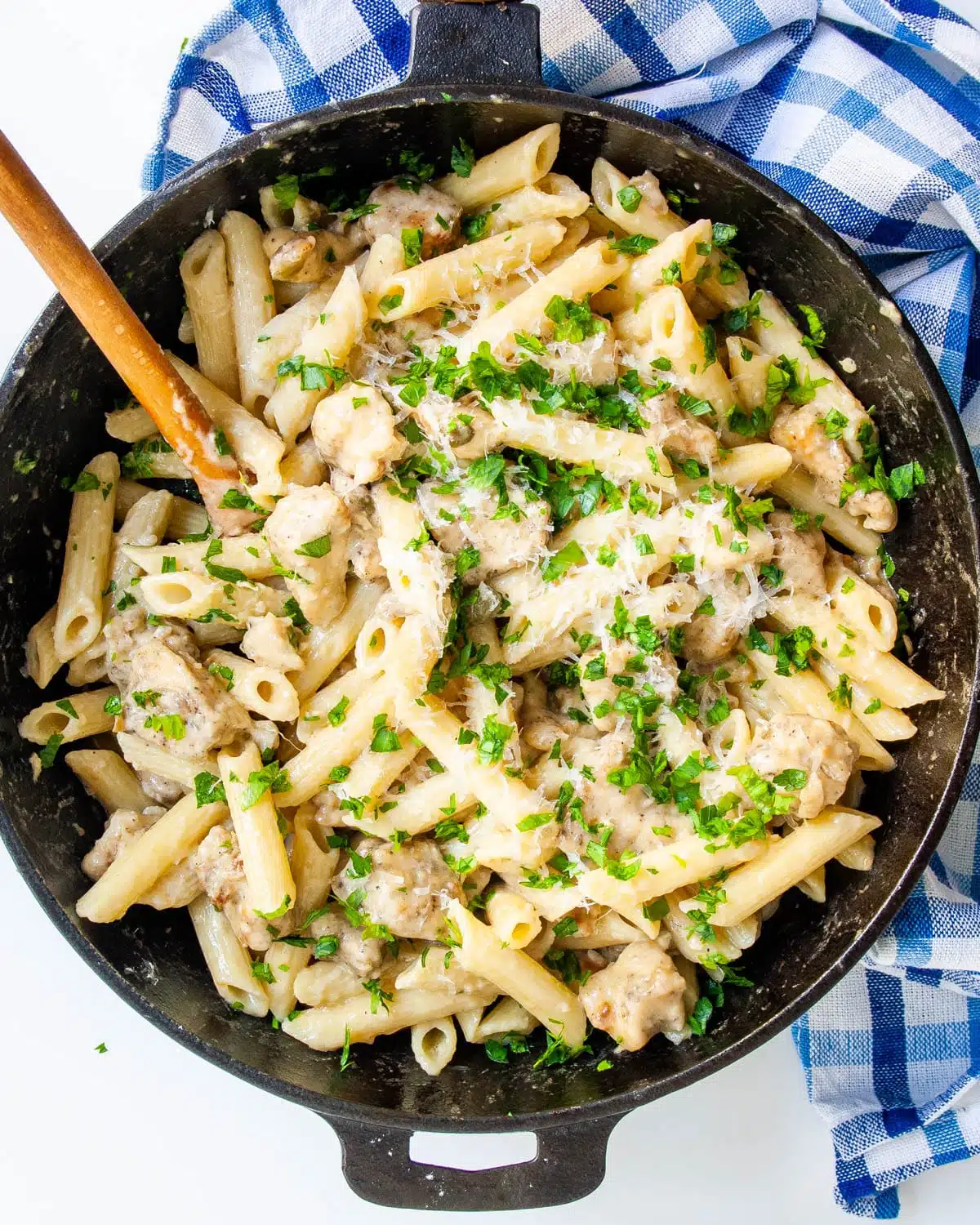Chicken Piccata Pasta in a black skillet