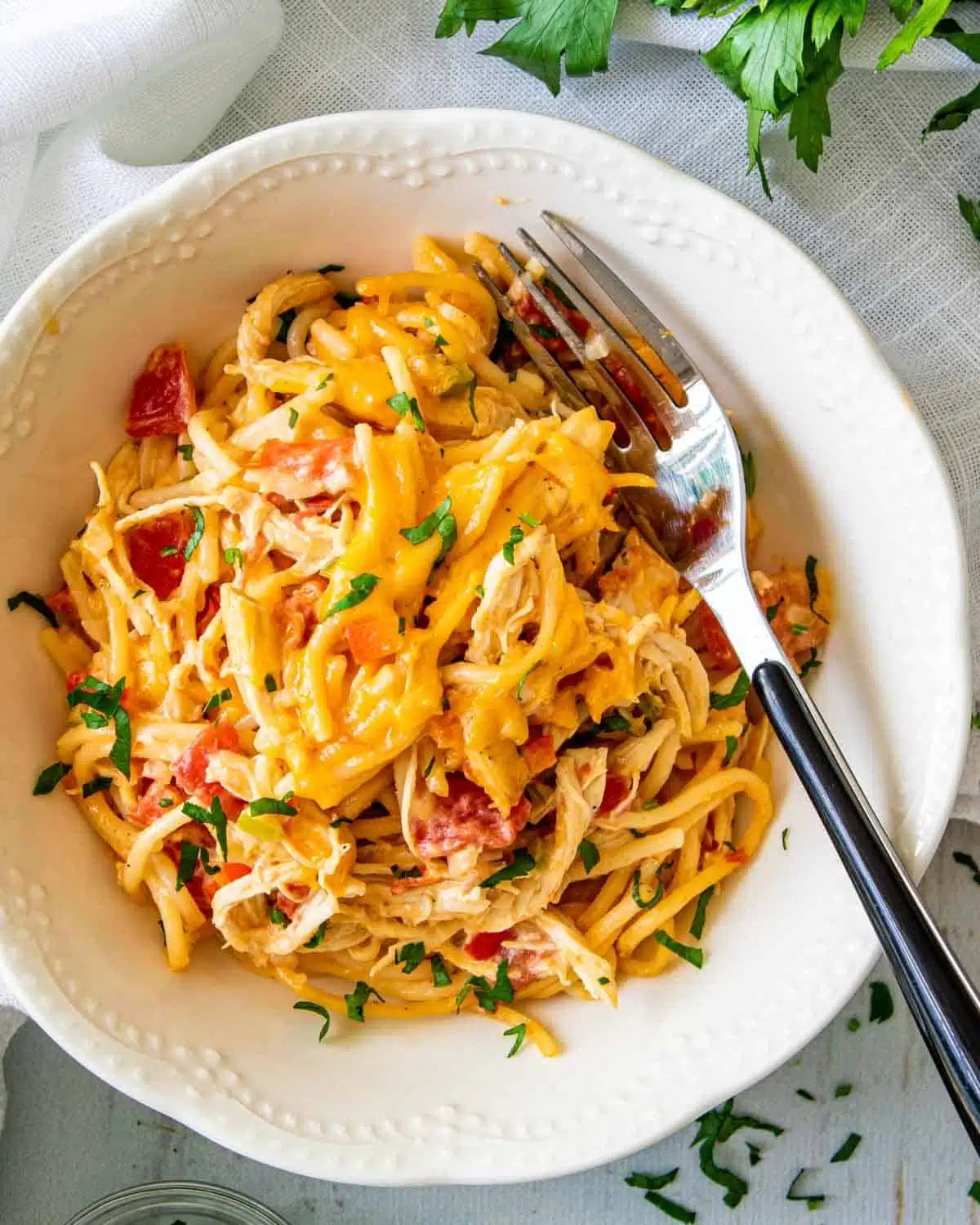 freshly made chicken spaghetti in a white bowl.