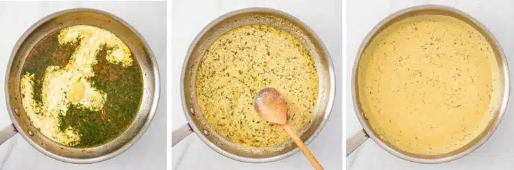 process shots showing how to make chicken thighs with creamy lemon dill sauce.